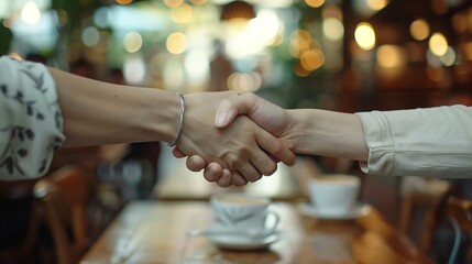 Aufkleber - Business people meeting and handshake at cafe for introduction onboarding and remote work opportunity B2b worker or clients shaking hands at coffee shop of group project deal interview : Generative AI