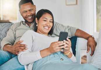 Sticker - Couple, phone and online surfing in home, social media scroll and relax in husband embrace for safety. People, communication app and together on shopping website, texting and support in relationship