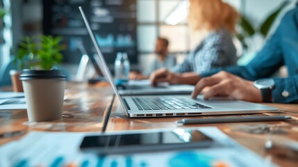 Poster - Business meeting and team with laptop in boardroom brainstorming and communication for company project Employee tech and typing for minutes or agenda record collaboration and workplace : Generative AI