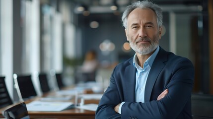 Wall Mural - Portrait employee and mature man in boardroom confidence and CEO in corporate and auditor Office bookkeeper and person on table business meeting and collaboration for planning and proj : Generative AI