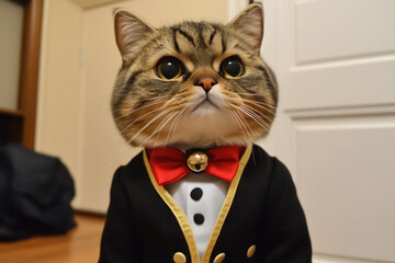 A halloween cat is dressed in a tuxedo and wearing a red bow tie