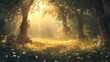 © kaitanan - A magical forest glade bathed in the soft, golden light of the setting sun. The clearing is surrounded by tall, majestic trees and dotted with wildflowers, creating a picturesque and enchanting scene.