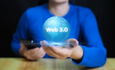 Web 3.0 concept image with businessman hand show web 3.0 with globe. Technology global network, Blockchain Future Technology, Global Futuristic, website internet development.