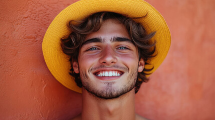 Wall Mural - Attractive young man in yellow hat with grey eyes smiling