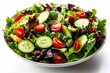 © CreativePulse - Create a close-up image of a vibrant mixed salad featuring fresh greens, cherry tomatoes, cucumber slices, and avocado chunks in a white bowl on a white background.