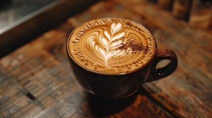 Aufkleber - Top view of hot coffee latte art on wood table : Generative AI