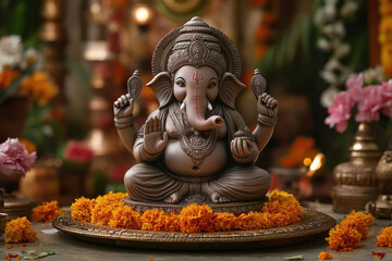 lord ganesha sculpture with flower decoration and lighting background.