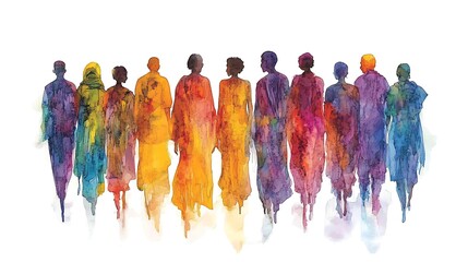 Sticker - Watercolor Painting of People Walking Together.