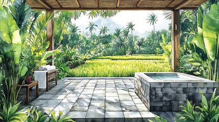 Canvas Print - Tropical Patio with Stone Plunge Pool and Rice Paddy View.