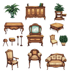 Wall Mural - Vintage wooden furniture collection for home decor, cut out - stock png.