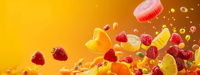 Wall Mural - Floating berries and citrus slices on a vibrant yellow background