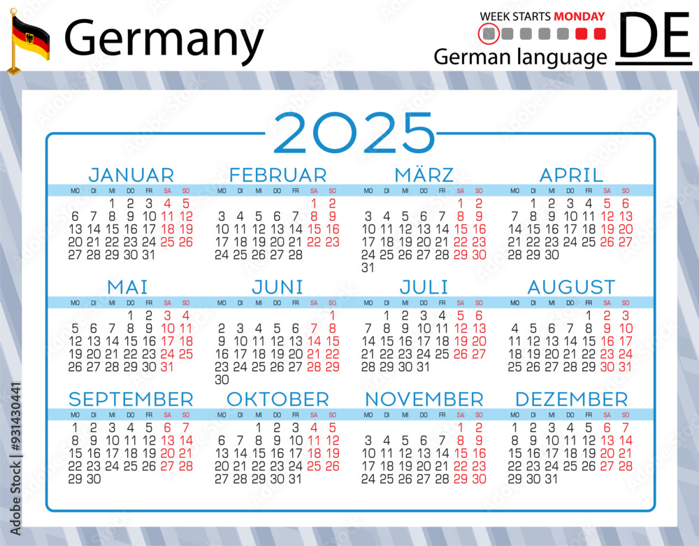 German horizontal pocket calendar for 2025. Week starts Monday Stock ...