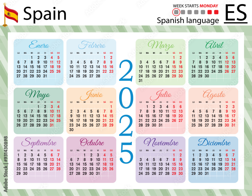 Spanish horizontal pocket calendar for 2025. Week starts Monday Stock ...