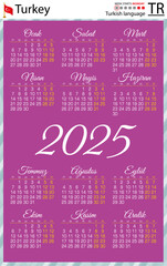 Wall Mural - Turkish vertical pocket calendar for 2025. Week starts Monday