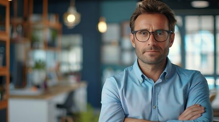 Poster - Portrait glasses and business man with arms crossed in startup office for pride in career or job Creative face and confident professional entrepreneur copywriter and employee coworking : Generative AI