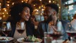 © Generative AI - Portrait of cheerful beautiful afroamerican couple dining in restaurant and talking Happy black man and woman eating salad and drinking red wine on date in modern cafe : Generative AI