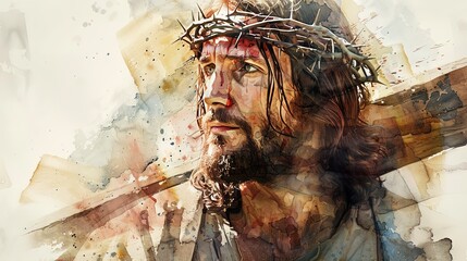 An expressive watercolor artwork portraying crucifixion scene with a crown of thorns, wooden cross, and abstract colors, illustrating themes of suffering, sacrifice, and hope.