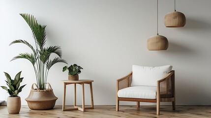 Aufkleber - Interior living room wall mockup with sofa chair side table and hanging lights on white wall background with wooden flooring : Generative AI