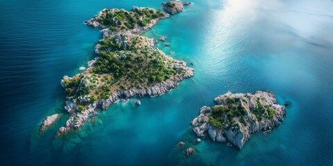 Canvas Print - A beautiful island with a blue ocean in the background. The island is surrounded by water and has a rocky shoreline