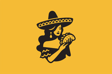 Beautiful young Mexican woman with tacos. Mexican food logo, retro emblem. Vector illustration, isolated object, icon. Yellow and black