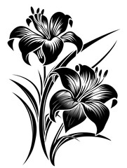 Poster - A black and white drawing of two lilies. The flowers are in the foreground and the stems are in the background. The drawing has a very simple and elegant style