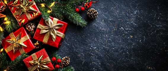 Poster - Fir branches and pine cones on holiday background. Festive theme, bokeh, sparkly, glowing. Flat lay, top view with space for text.