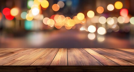 Leinwandbilder - The general background of the interior, a dark one. A wooden table with blurred bokeh background. A neon light, close-up.