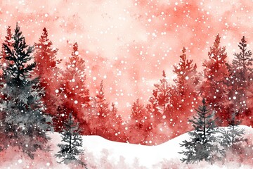 Fototapete - A Christmas background in red. A holiday background in red. A winter forest in winter.