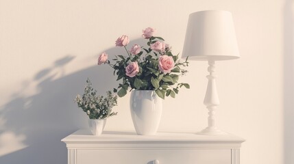 Leinwandbilder - In a room with white walls, pink and white peonies flowers with modern lamp on the background.
