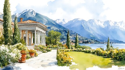 Wall Mural - Italian Villa with Mountain View and Watercolor Style.