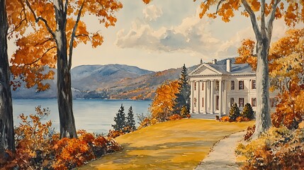 Canvas Print - Watercolor Painting of a White Mansion on a Hillside with Autumn Foliage and a Lake.