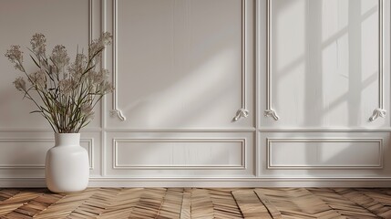 Poster - White classic wall background brown parquet floor home furniture detail frame and vase of plant : Generative AI