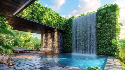 Poster - Luxurious Outdoor Oasis with Waterfall and Swimming Pool.