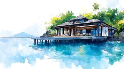 Canvas Print - Watercolor Painting of a Modern Tropical Villa on Stilts Over the Ocean.