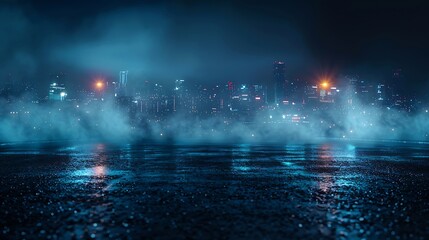 Poster - Dark street of the night city Dark blue background an empty dark scene neon spotlights reflecting on the asphalt floor and a studio room with smoke floating up a night view the city : Generative AI