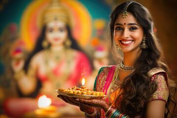 Wall Mural - wide shot portrait of happy woman holding diya and plate with sweets during Diwali festival.