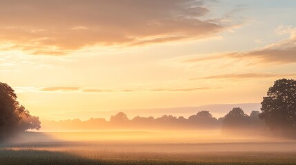 A serene sunrise sky with gentle, golden light spreading across a calm, rural landscape.