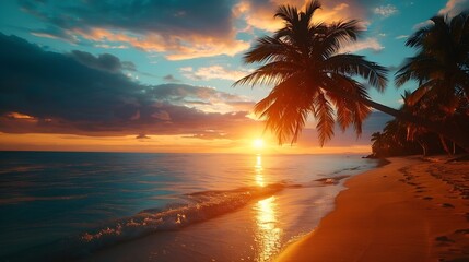 Best most exotic travel landscape Majestic sunset beach Coconut palm tree silhouettes fantastic colorful sky Tropical palms on the beach Summer vacation : Generative AI