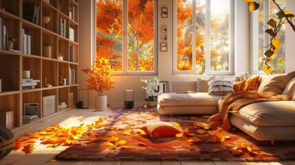 Wall Mural - Fall Home Background. Cozy Autumn Apartment Interior with Beautiful Bright Colors