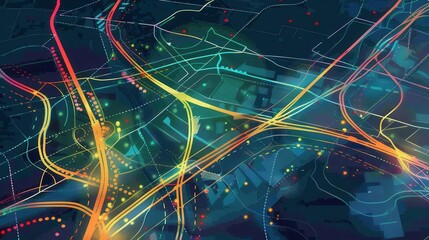 Aufkleber - Colorful lines weave across a stylized map, illustrating a vibrant network of routes symbolizing connectivity in transportation and logistics. Generative AI