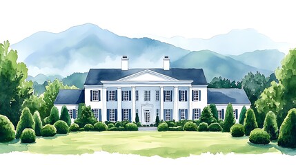 Canvas Print - Watercolor Painting of a White House with Green Trees and Blue Mountains in the Background.