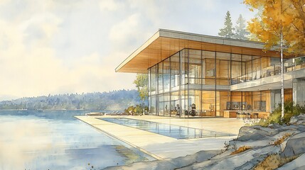 Wall Mural - Modern Home with Pool and Water View.