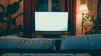 Photo of a TV screen at home, sofa in front, front view, blank screen.