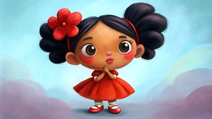 an illustration of a cute, cartoon-style little girl. She has big, expressive brown eyes and a sweet smile. Her hair is black, styled in two large puffs on either side of her head