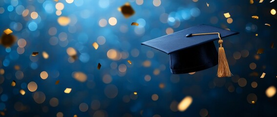 Wall Mural - a black graduation cap is flying against a blue background