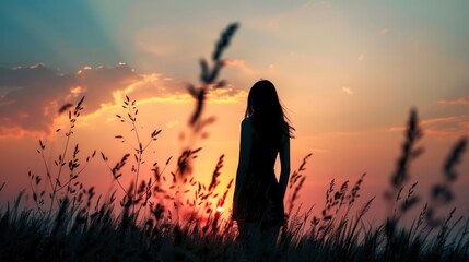 Wall Mural - Silhouette of woman standing on the meadow during summer sunset.