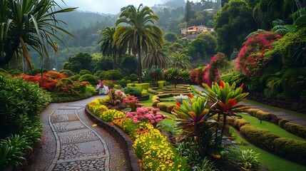 Landscape with tropical garden in the Monte Palace Funchal Madeira island : Generative AI