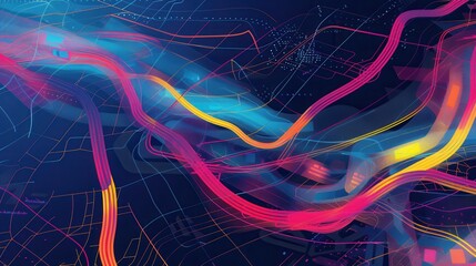 Aufkleber - Dynamic abstract lines and routes overlay a stylized map, symbolizing connectivity and direction for logistics and transportation services in a vibrant urban landscape. Generative AI