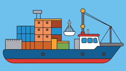 Wall Mural - Flat cargo ship in docks. Harbor crane of shipping port loading containers to marine ocean freight vessel boat, worldwide marine industry water transport truck in sea port vector illustration	