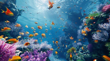 Underwater scene with a vibrant coral reef and many colorful fish swimming.